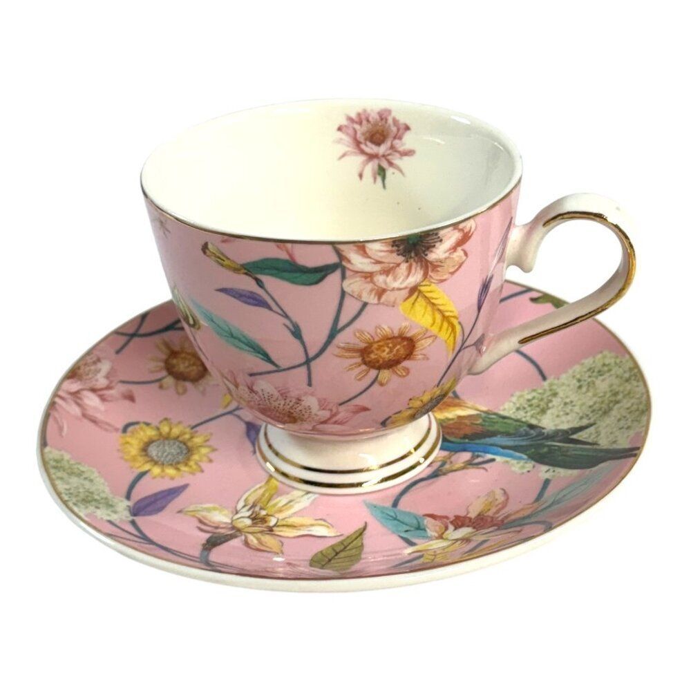 Shabby Chic Fine Porcelain Teacup & Saucer Set Floral Bird Design Pink 3” Cup